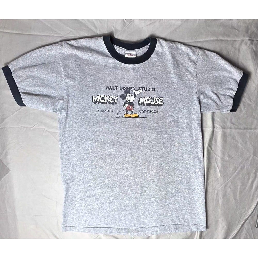 Vintage Disney Store Mickey Mouse Ringer T-Shirt Gray Large Sound Cartoons 90s